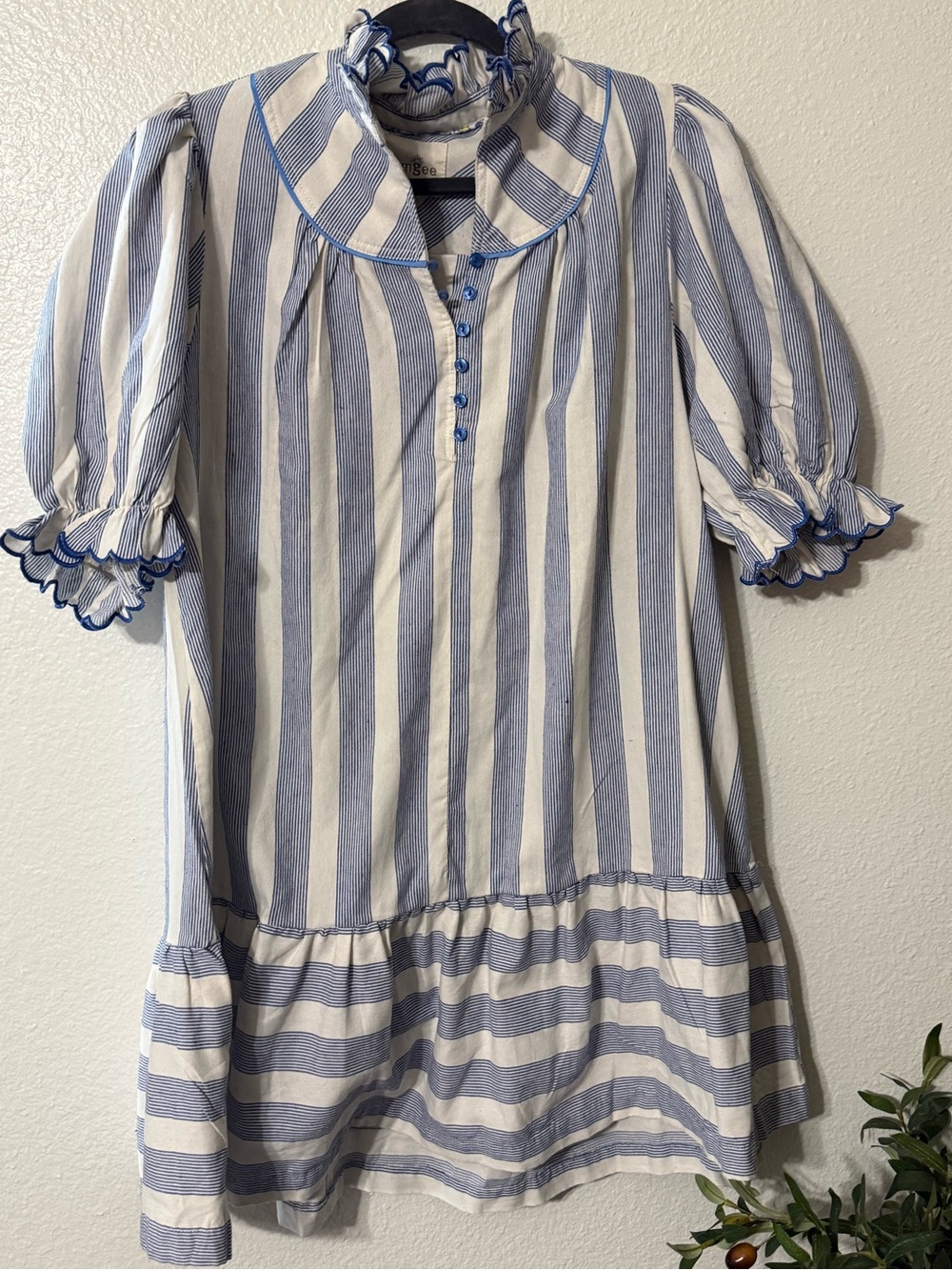 Umgee Blue & White Stripe Ruffle Collar Babydoll Tunic Dress Small